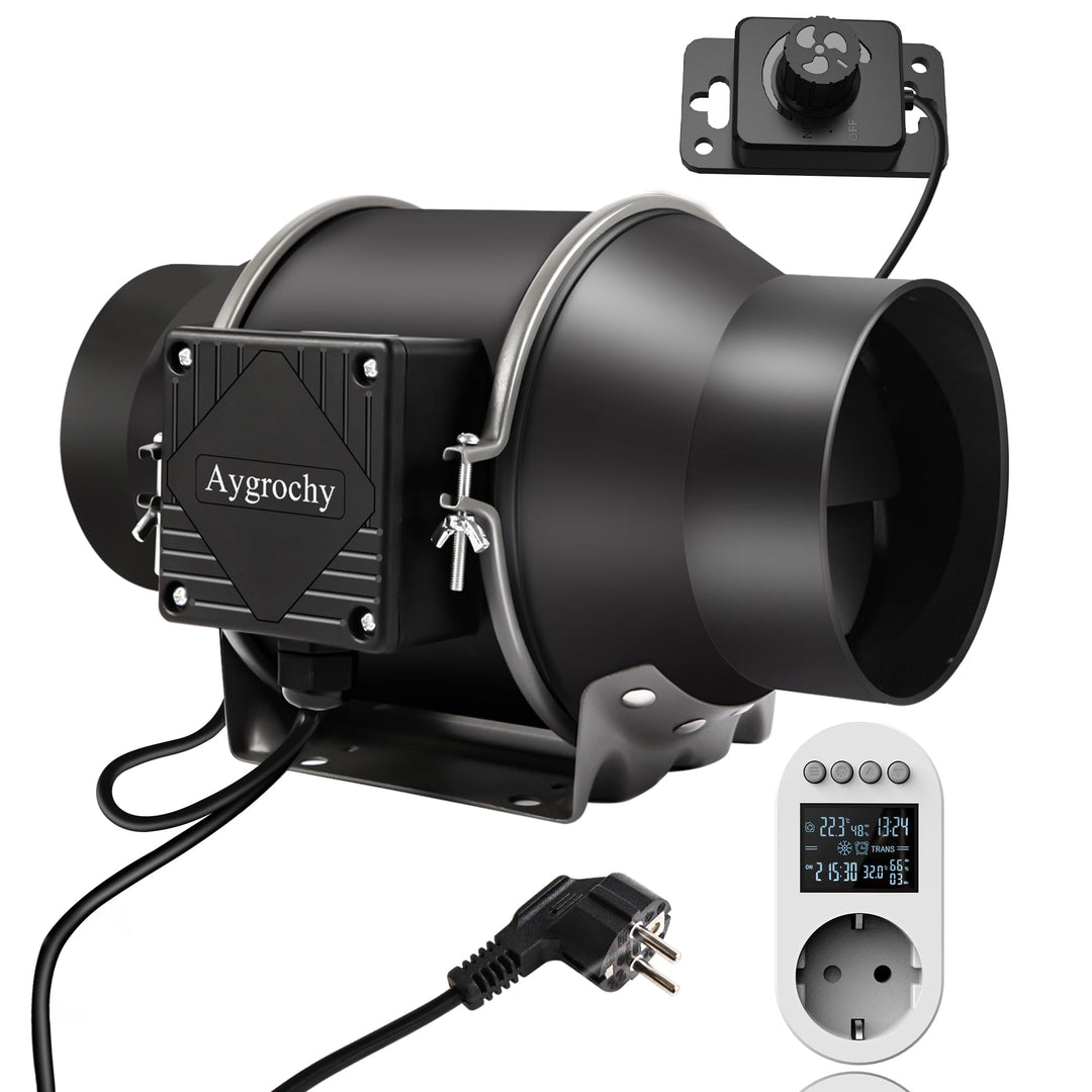 Aygrochy Rohrventilator 150mm Smarte Plug Feuchtigkeitssensor für Grow-Zelt | Rohrlüfter (683 m³/h)