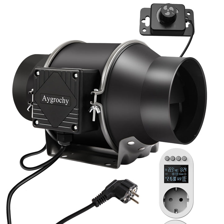 Aygrochy Rohrventilator 150mm Smarte Plug Feuchtigkeitssensor für Grow-Zelt | Rohrlüfter (683 m³/h)