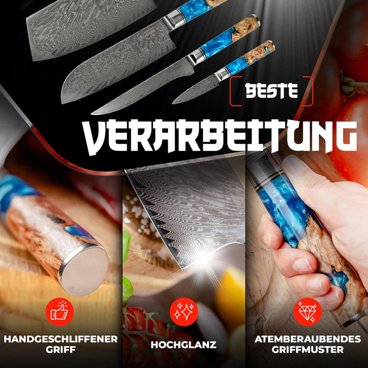 Tsume Exotic Set Saphir, Messerset mit 4 Premium Küchenmessern, Echte Damast Küchenmesser, 67 Schich