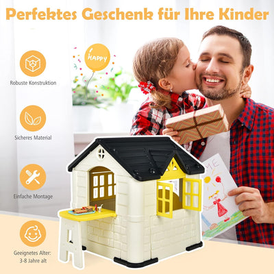 COSTWAY Kinder Spielhaus für bis zu 6 mit Pickniktisch, Türen und Fenstern, Kinderhäuschen Outdoor i