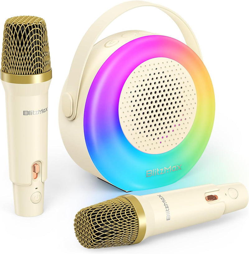 BlitzMax Karaoke Maschine für Kinder Tragbares Bluetooth Mini Karaoke Lautsprecher mit 2 Mikrofonen,