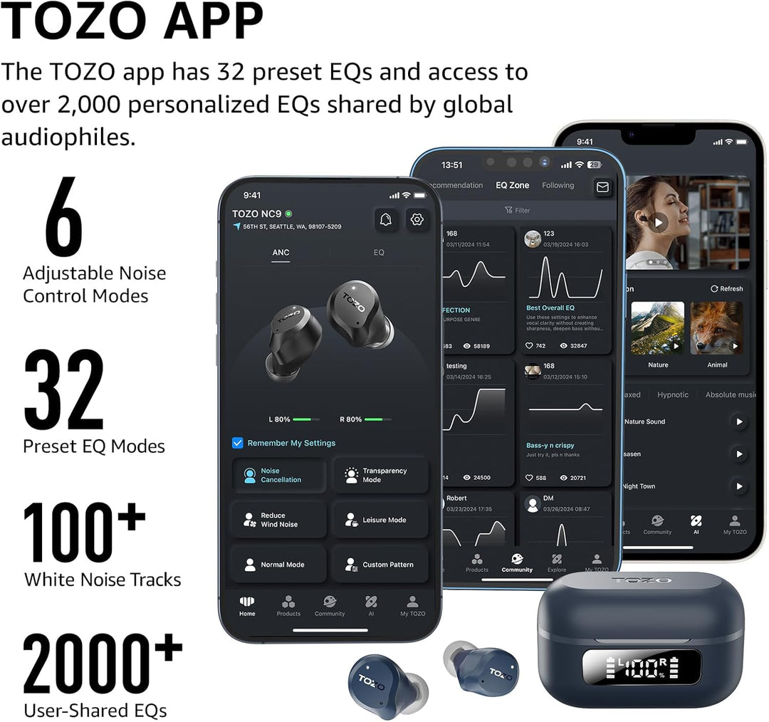 TOZO NC9 Bluetooth Kopfhörer In Ear mit Hybrid ANC (45dB), 6 Mikrofone ENC für Homeoffice & Pendeln,