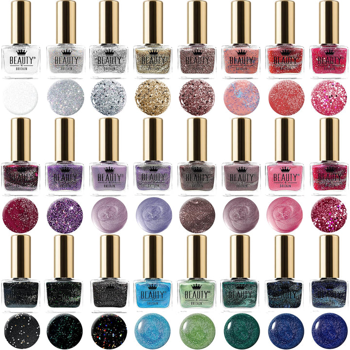 Set aus 24 Glitzer-Nagellacken – 24 Faszinierende Farbtöne in einer Kosmischen Box – 6.5 ml Fläschch