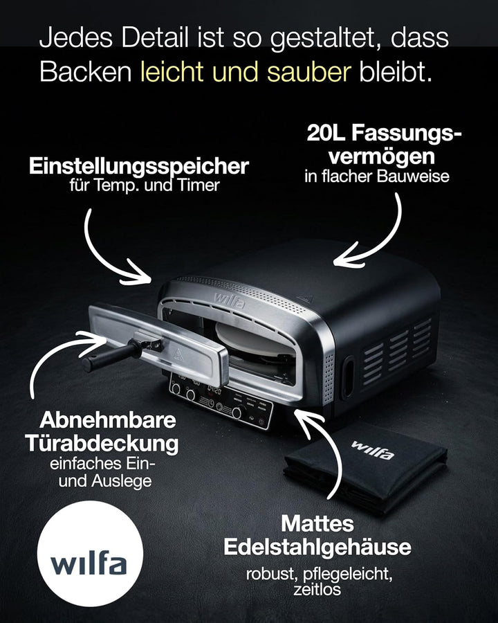 Wilfa CRUST Elektrischer Pizzaofen 2200W I Pizzaofen für bis zu 450 °C mit drehbarem 13" Pizzastein