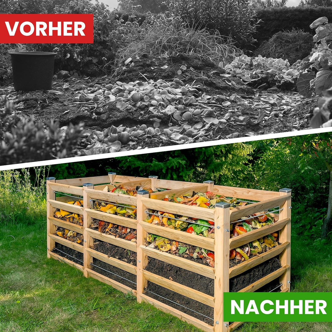 Moderner Komposter Trio ca. 120 x 346 cm Höhe 100 cm aus Lärchenholz Massivholz Steckkomposter Holzk