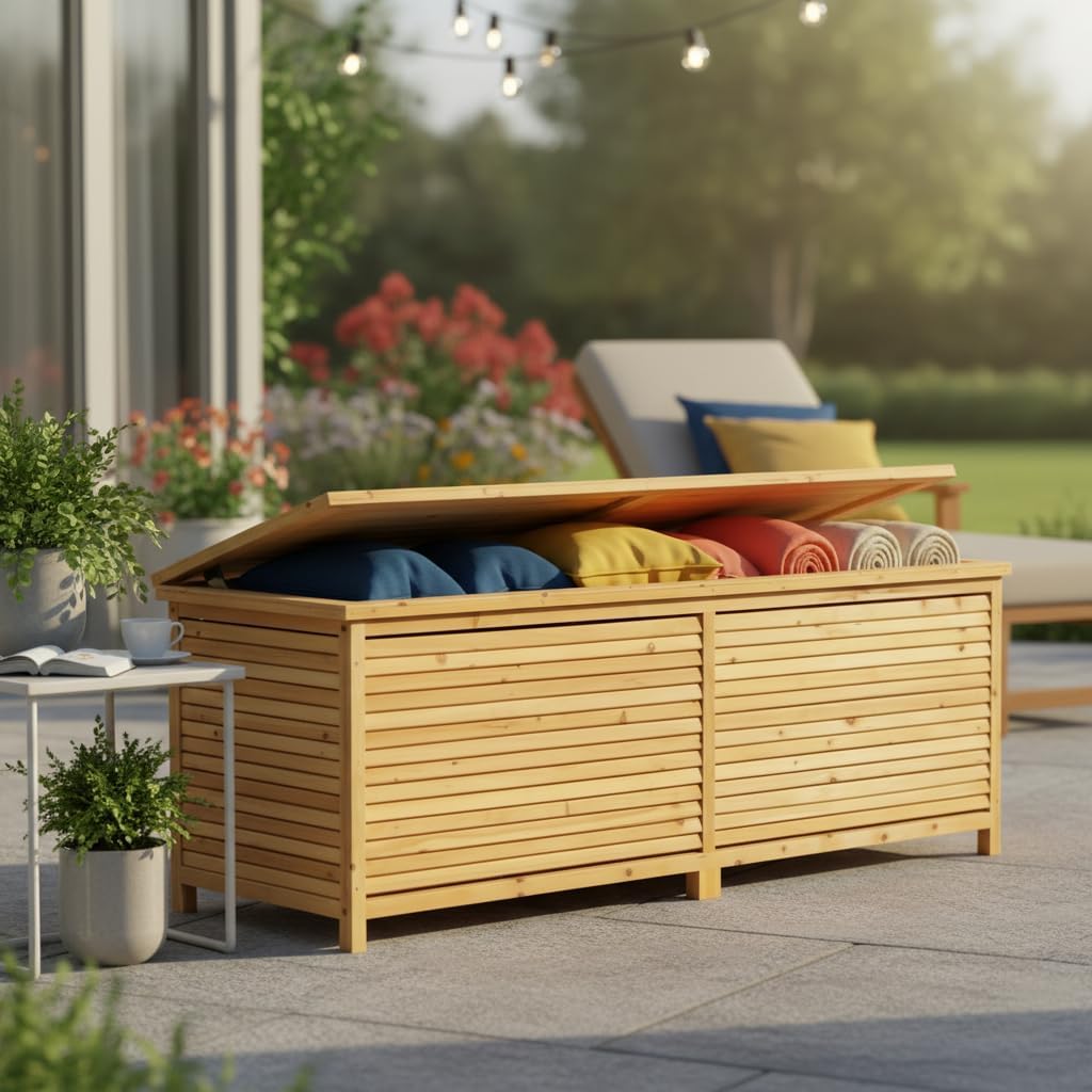 Melko Auflagenbox Kissenbox Gartenbox Gartentruhe aus Holz mit klappbarem Deckel, regenfest, 170 x 5