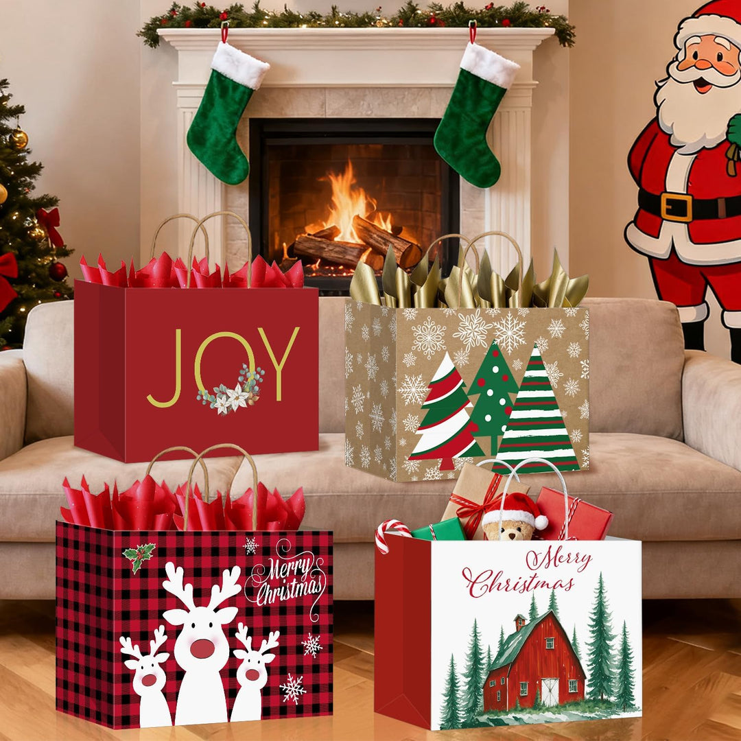 DECHISY 12 Stück Geschenktüten Weihnachten Gross, Papiertüten mit Griffen, Weihnachtstüten mit 4 Des