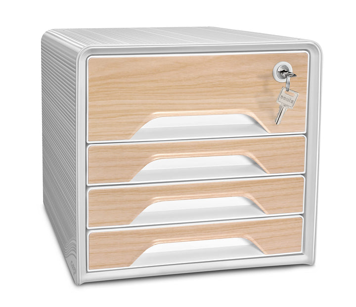 CEP Schubladenbox Secure mit 4 Schubladen und Zylinderschloss Smoove Silva Weiβ Holz Weiss / Buche,