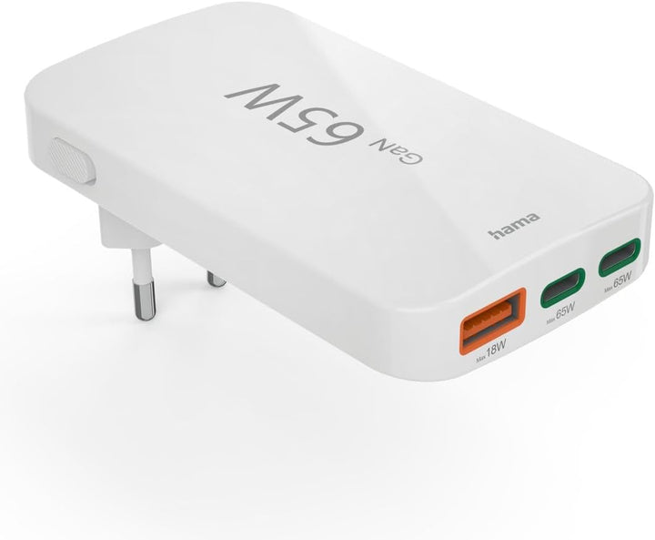 Hama USB C Ladegerät (Schnellladegerät 65 Watt, Ladestecker für Steckdose 2X USB-C, 1x USB-A, für Ha