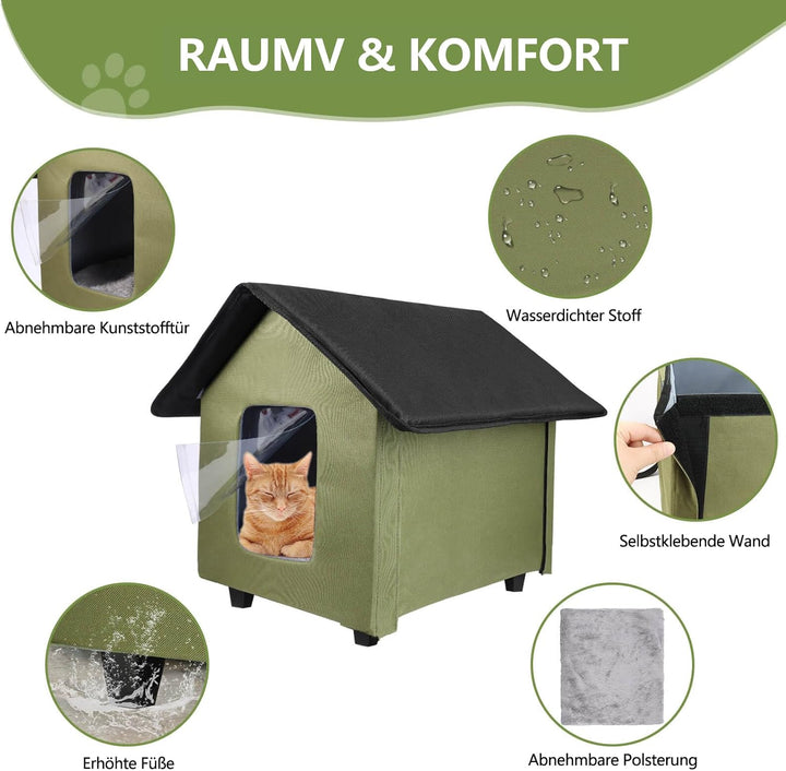 Katzenhaus für draussen, wasserdicht, mit erhöhtem Boden und abnehmbarem Kissen, Faltbarer Katzenunt