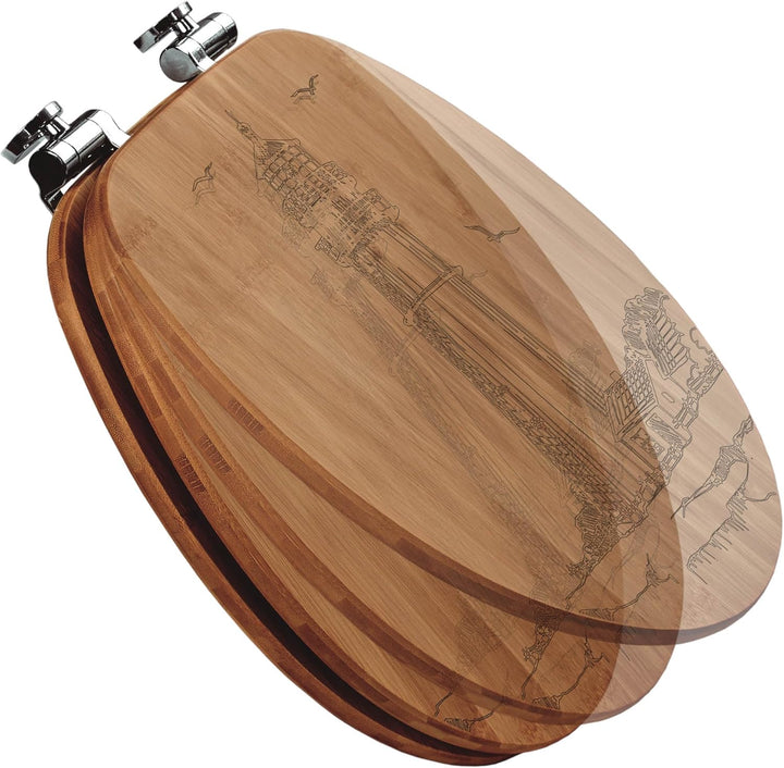 banjado® Hochwertig gravierter Design WC Sitz Bambus Absenkautomatik Leuchtturm 4 / Toilettendeckel