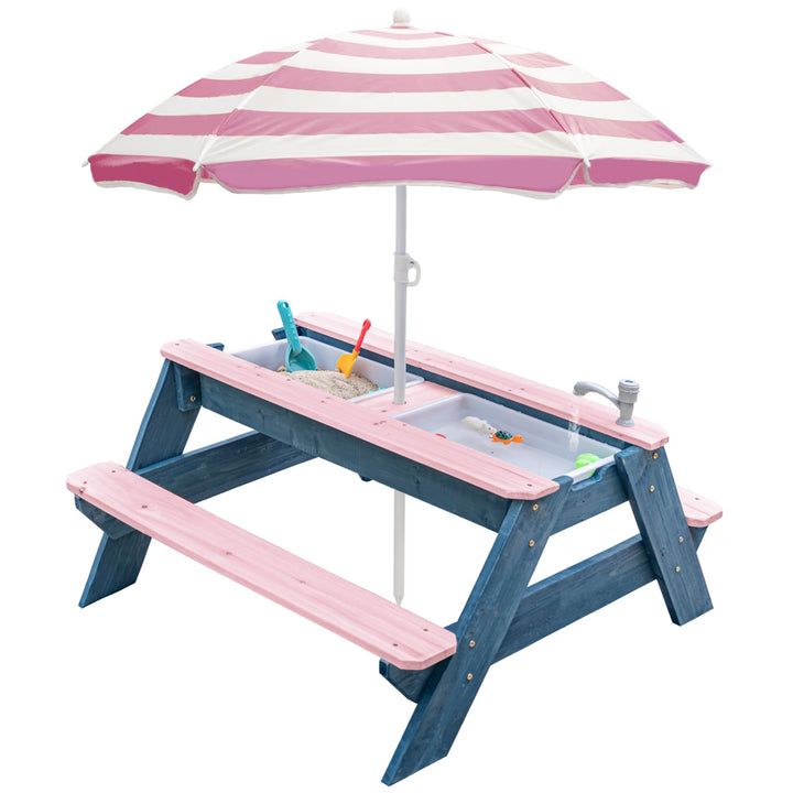 Kids 3-in-1 Sand- und Wasser-Aktivitätstisch, Holz, Outdoor, wandelbarer Picknicktisch mit Regenschi