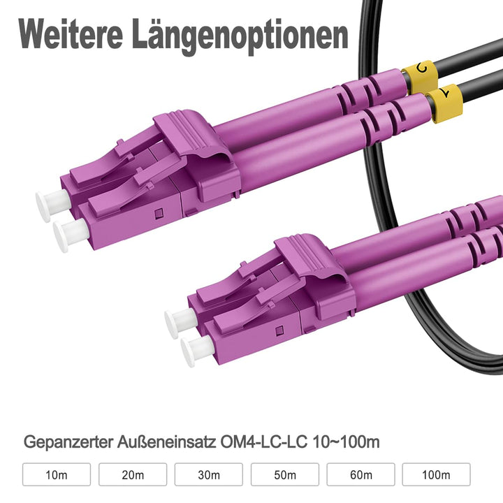 30m Gepanzerte Glasfaser-Kabel OM4 LC auf LC Duplex Multimode, LWL-Kabel für den Innen- und Aussenbe