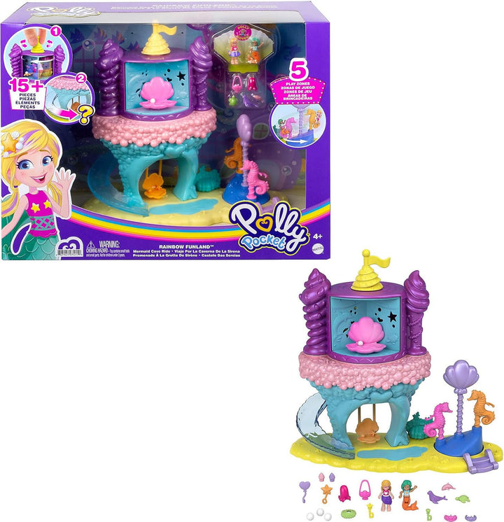 Polly Pocket GYK42 - Regenbogen-Einhornspass Meerjungfrauen-Bucht, 2 Puppen und 15 Überraschungen, S