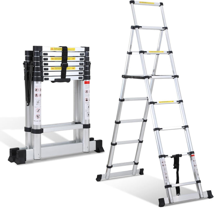 Fiqops 2.0M+2.3M Teleskopleiter 6 + 7 Stufen Klappleiter A-Rahmen Max Belastung 150 KG/330 Pfund, Al