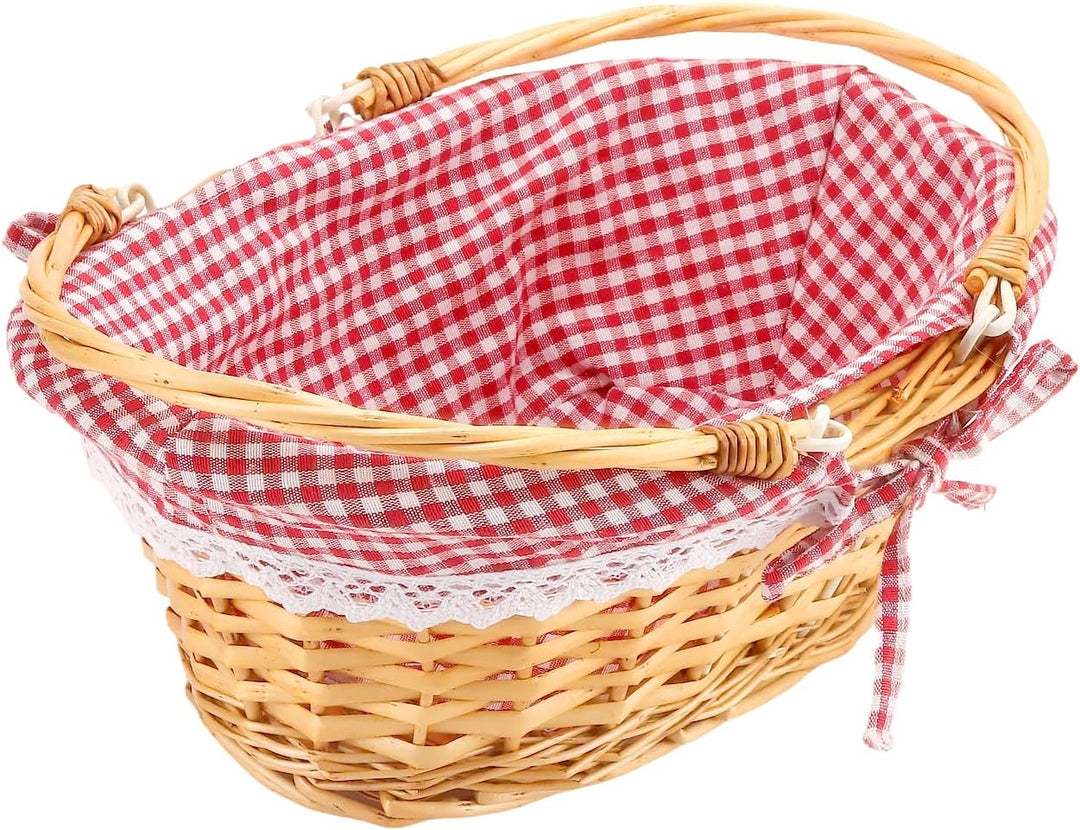 2 Stück Picknickkorb aus Weide, 33x23x12cm, Handgeflochtener Weidenkorb mit Henkel und Gingham Futte