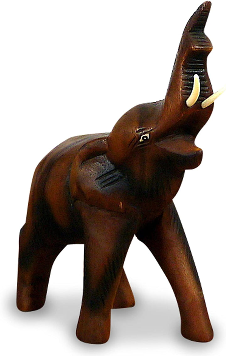livasia Holzelefant (Rüssel Oben) Tierskulptur aus Massivholz, Holzfigur (Kleiner Elefant), kleiner