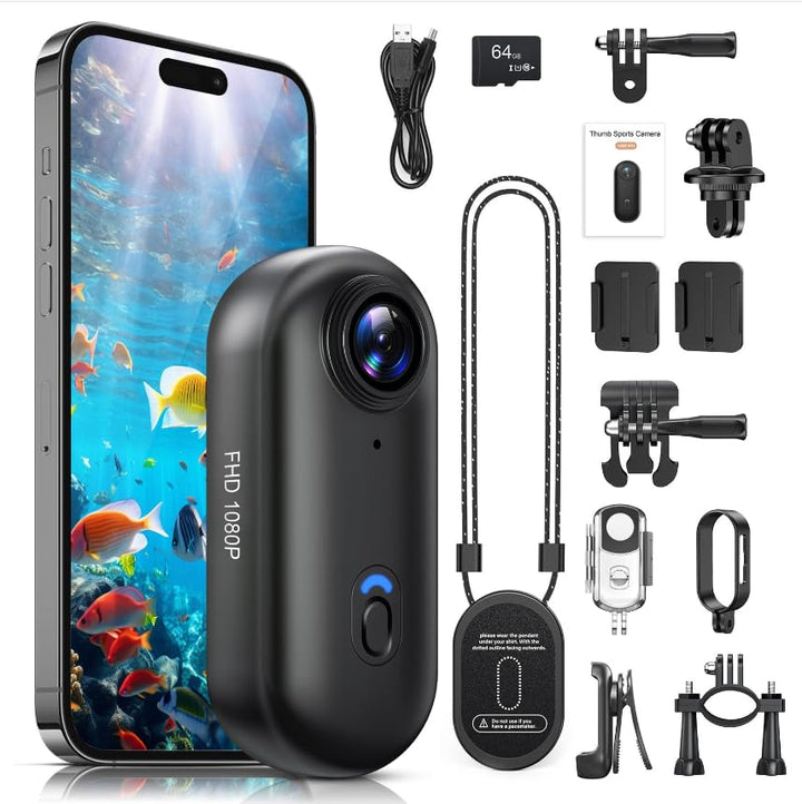 Action Cam, Mini Bodycam, POV Vlog Kamera 120° Weitwinkel, wasserdicht bis 30 m, 10+ Zubehörteile, 1