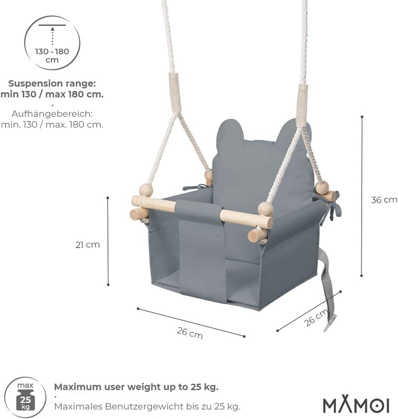 MAMOI® Babyschaukel Kinderschaukel Holz + SICHERHEITSGURT, Schaukel für Kinder Garten Indoor Outdoor