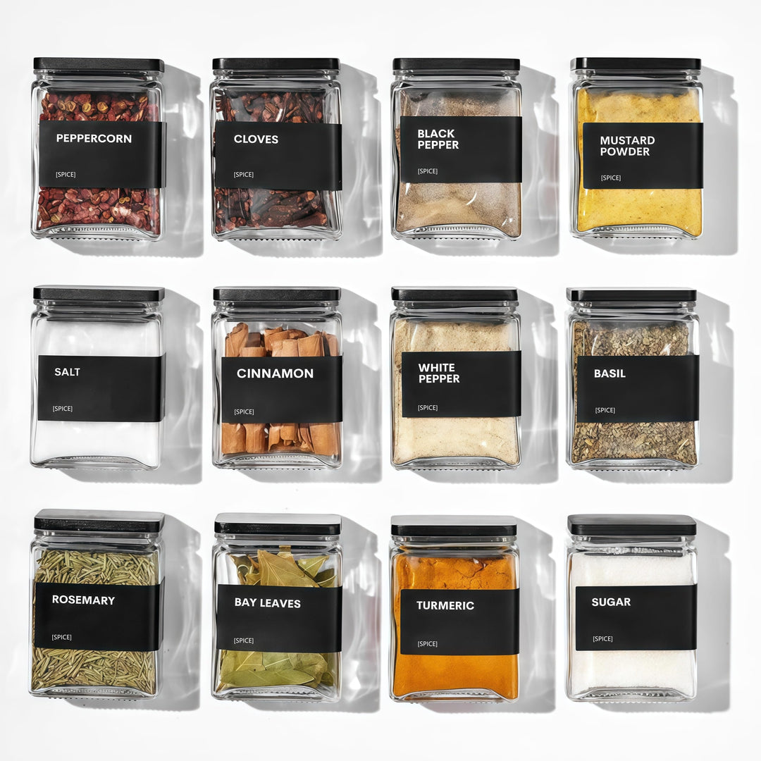 Gewürzgläser Eckig mit Holzdecke, [12x 120ml] + 88 Wasserfeste Etiketten - Gewürzdosen Set Glas - Ge