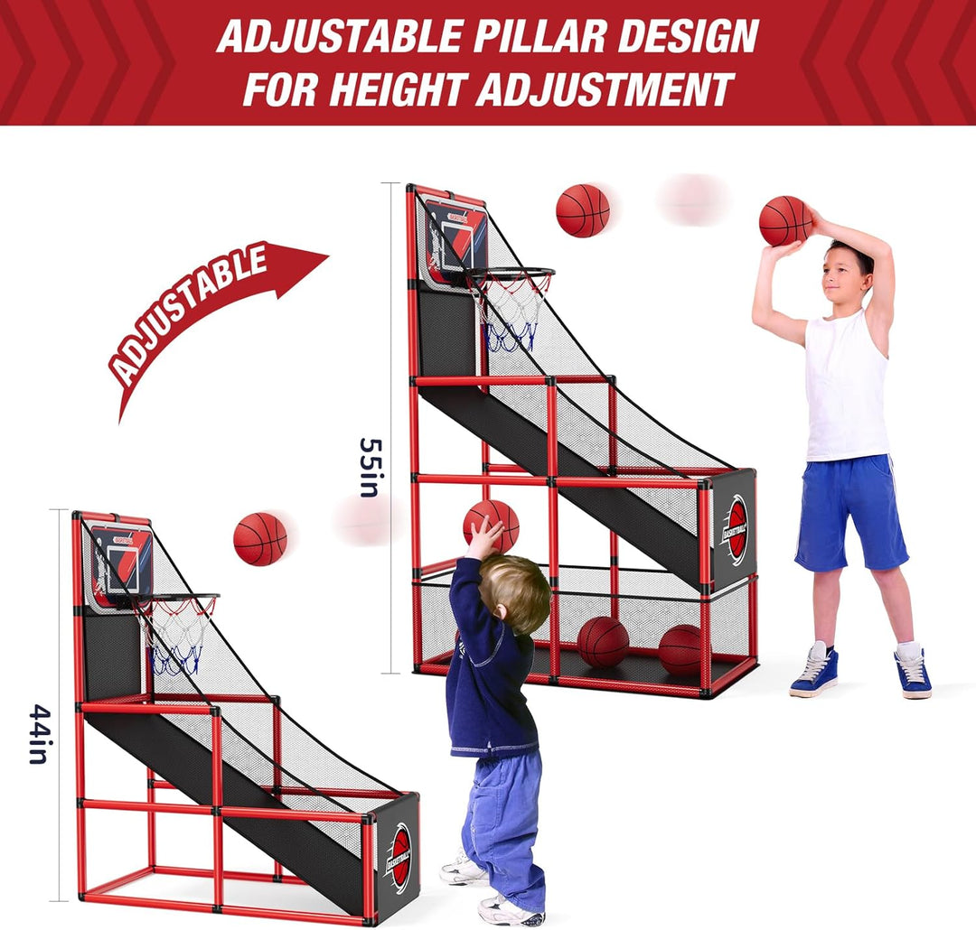 HYES Basketball Arcade Spiel, Kinder Basketballständer mit 4 Bällen, Single Shot Basketballkorb Indo