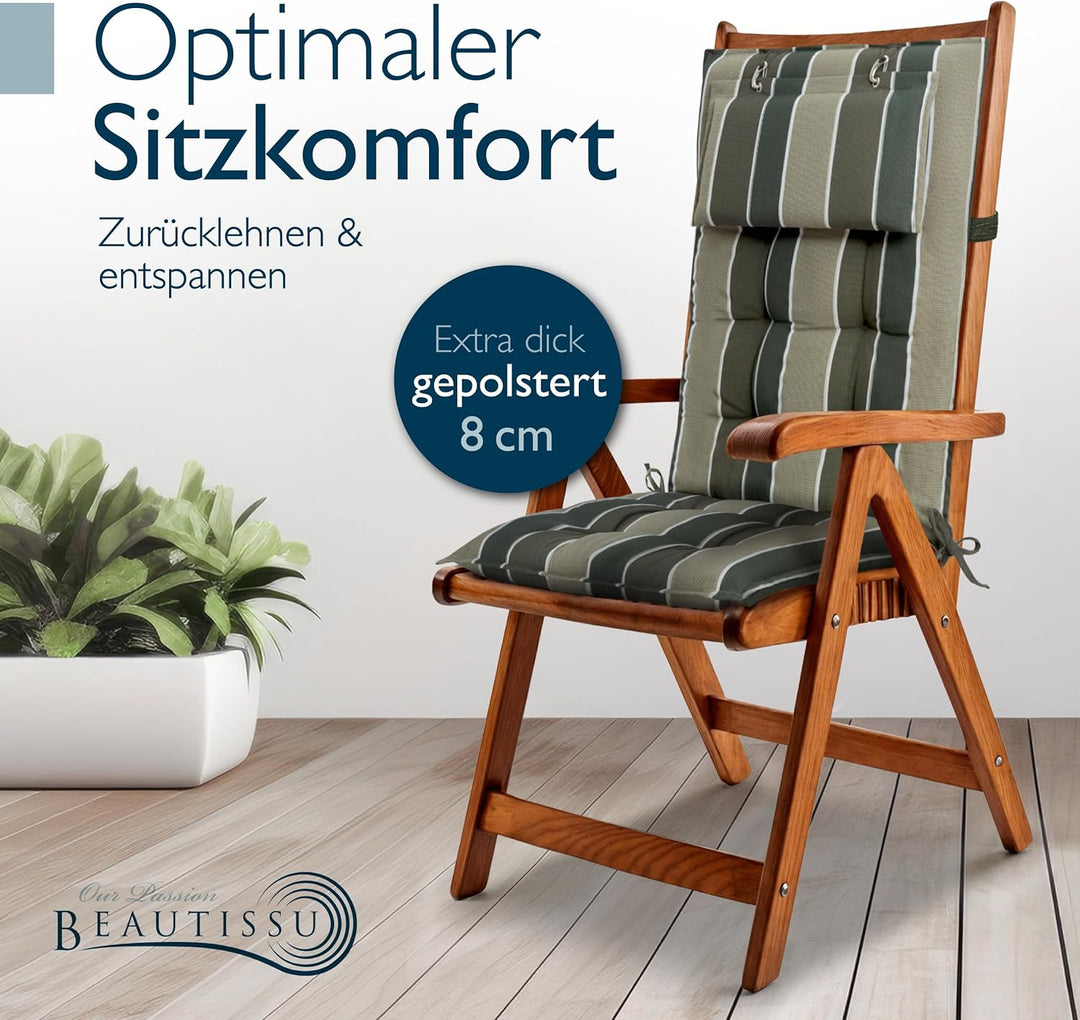 Beautissu 8er Set Premium Hochlehner Auflage mit Kopfpolster Stoff | 120x50cm 8cm dick Grün gestreif