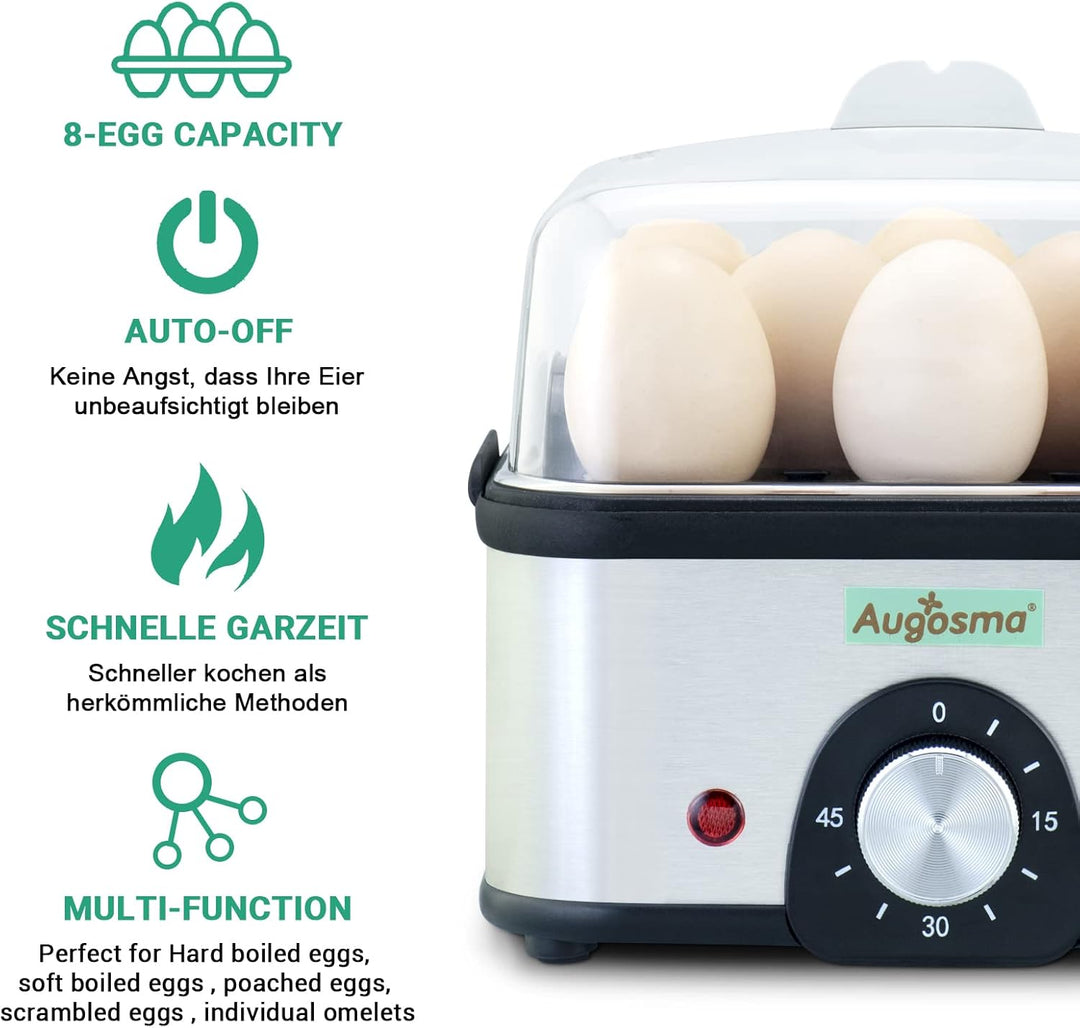 Augosma 2 in 1 Eierkocher Edelstahl mit Bratpfanne, Eierkocher für 1-8 Eier mit Zeiteinstellung zur