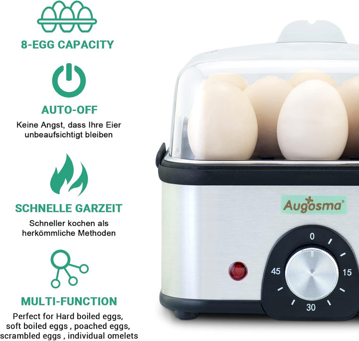 Augosma 2 in 1 Eierkocher Edelstahl mit Bratpfanne, Eierkocher für 1-8 Eier mit Zeiteinstellung zur