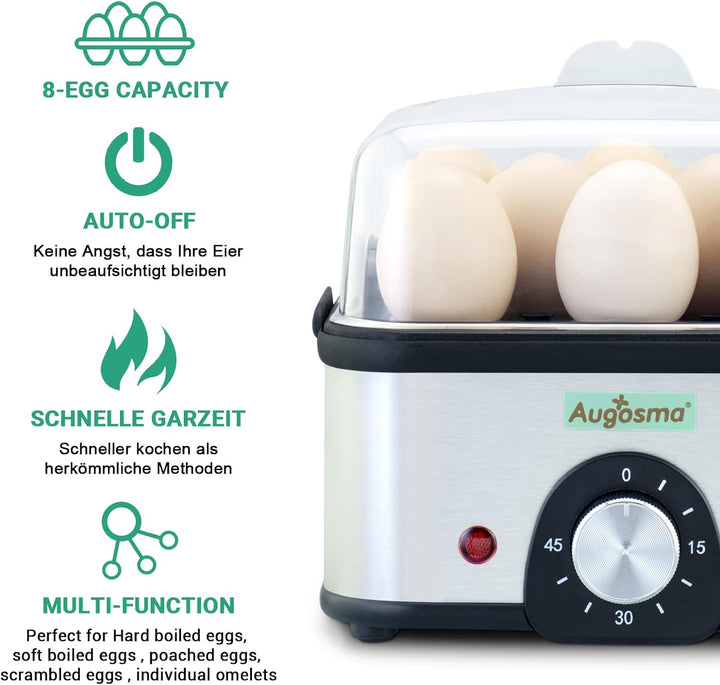 Augosma 2 in 1 Eierkocher Edelstahl mit Bratpfanne, Eierkocher für 1-8 Eier mit Zeiteinstellung zur