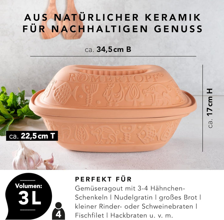 Römertopf Bräter Klassiker Keramik Dampfgarer aus Naturton für bis zu 4 Personen 3 Liter 2.5 Liter,