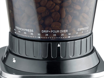 CASO BaristaChef Inox - elektrische Kaffeemühle, langlebiges Edelstahl-Kegelmahlwerk, mit Siebträger