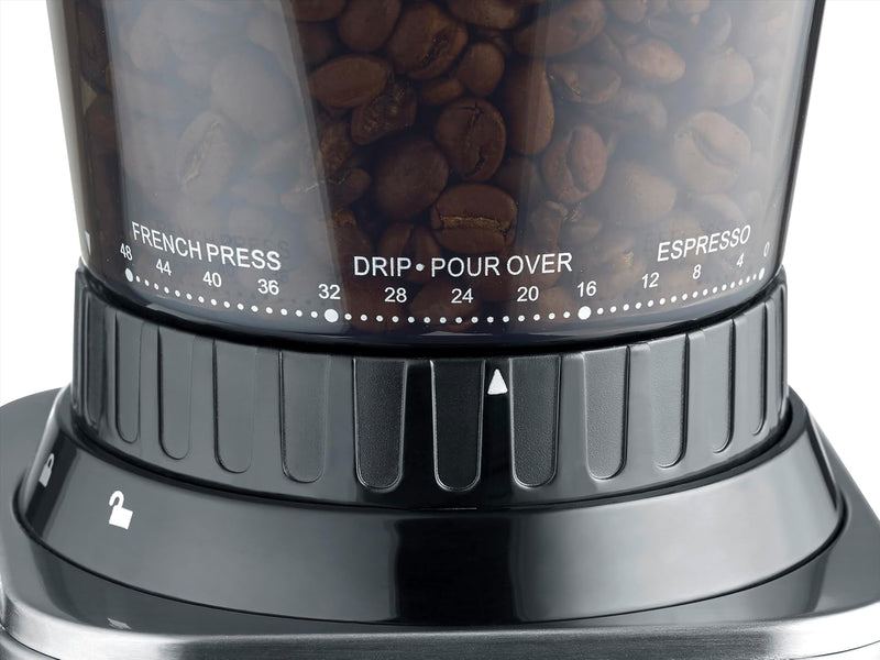 CASO BaristaChef Inox - elektrische Kaffeemühle, langlebiges Edelstahl-Kegelmahlwerk, mit Siebträger