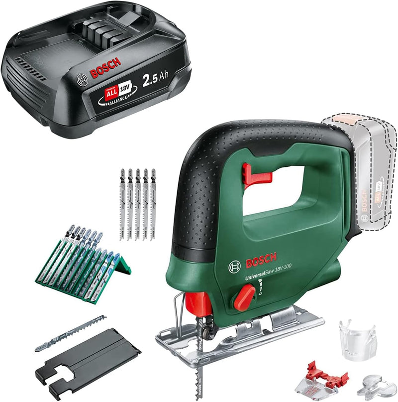 Bosch Akku Stichsäge UniversalSaw 18V-100 (ohne Akku, 18 Volt System, 15 tlg. Stichsägeblatt-Set, im