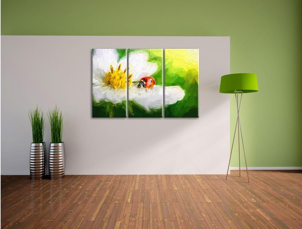 Pixxprint Marienkäfer auf Einer weissen Blume Kunst Pinsel Effekt 3-Teiler Leinwandbild 120x80 Bild