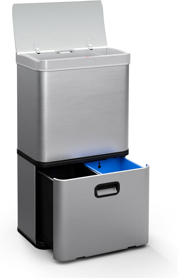 Klarstein 56 L Edelstahl-Sensormülleimer mit 3 Fächern (36+2x10 L), Bedienfeld mit LED-Anzeige, Soft