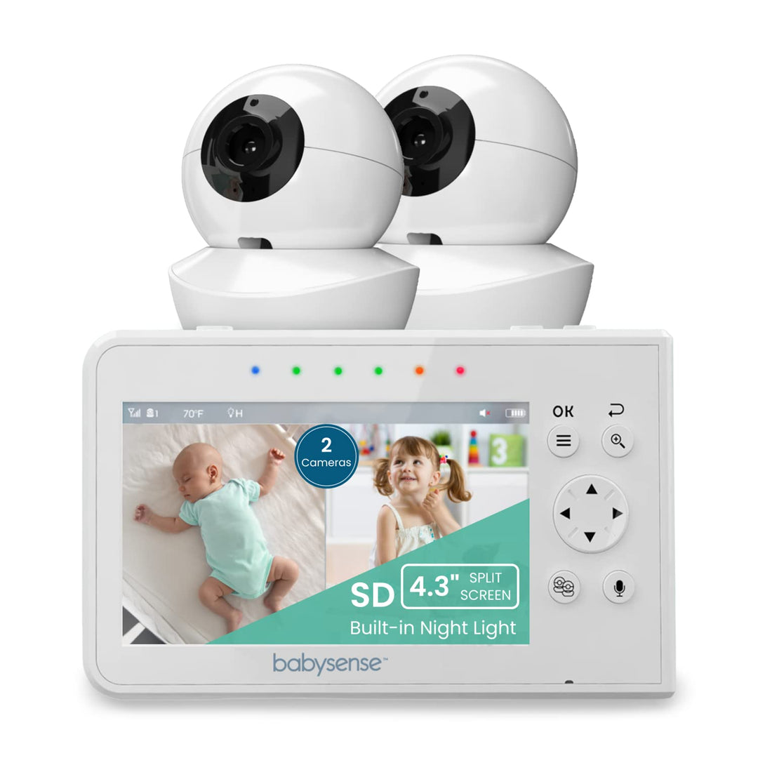 Babysense Babymonitor mit Geteilter Bildschirm 4,3“, Video Babyphone mit zwei Kameras, PTZ-Funktion,