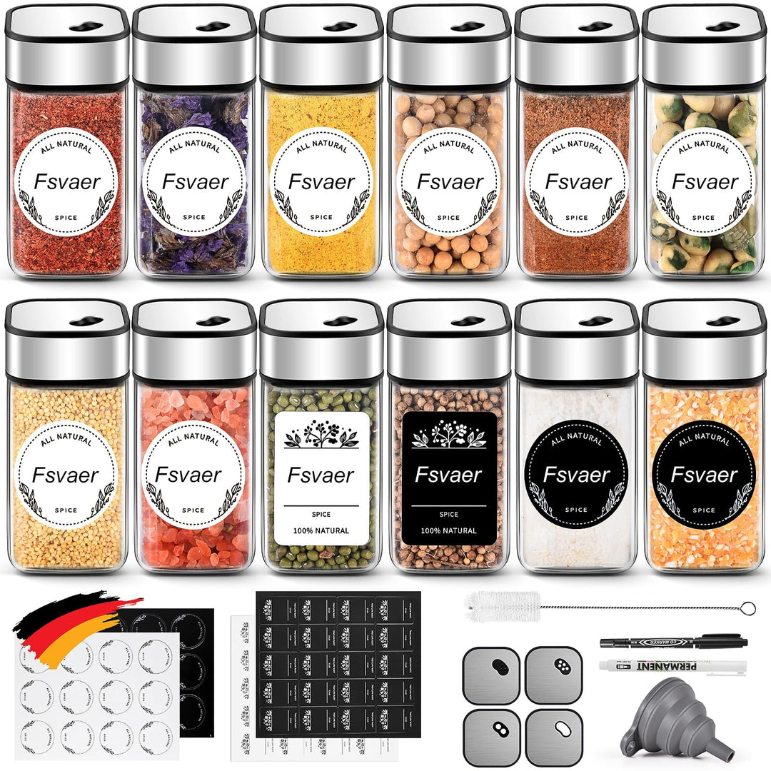 12 Gewürzgläser Eckig,120ML Gewürzdosen Set mit Streueinsatz,Gewürzstreuer mit Drehdeckel-Starke Ver