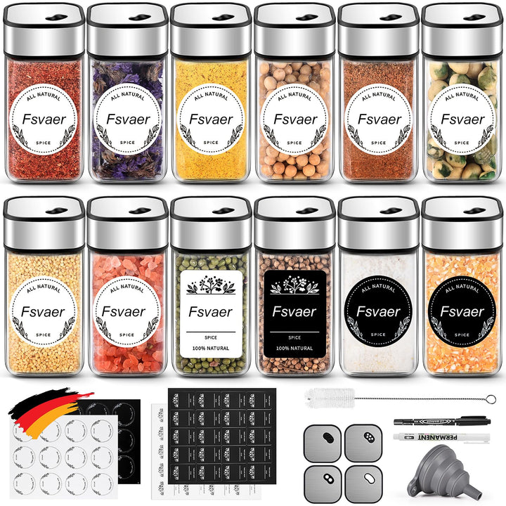 12 Gewürzgläser Eckig,120ML Gewürzdosen Set mit Streueinsatz,Gewürzstreuer mit Drehdeckel-Starke Ver