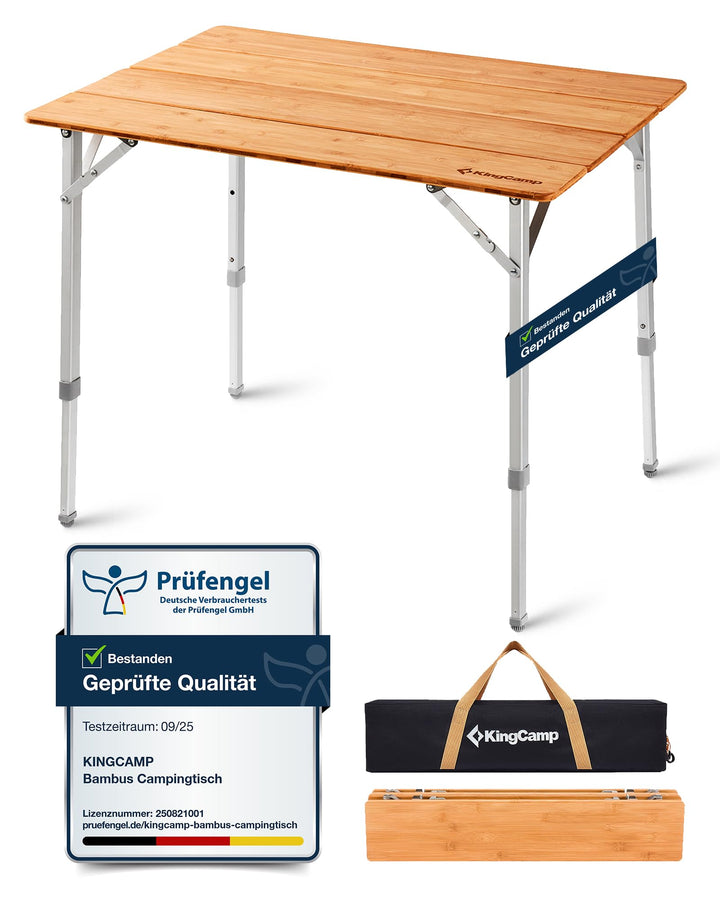 KingCamp Falten Bambus Campingtisch Klapptisch Verstellbare Höhe Aluminiumrahmen für Outdoor Camping