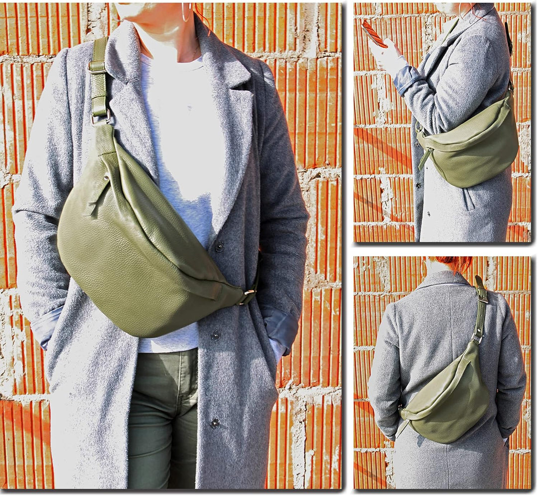 modamoda de - T77 - ital. Hüfttasche Bauchtasche Brusttasche Large aus weichem Leder, Farbe:Camel, C