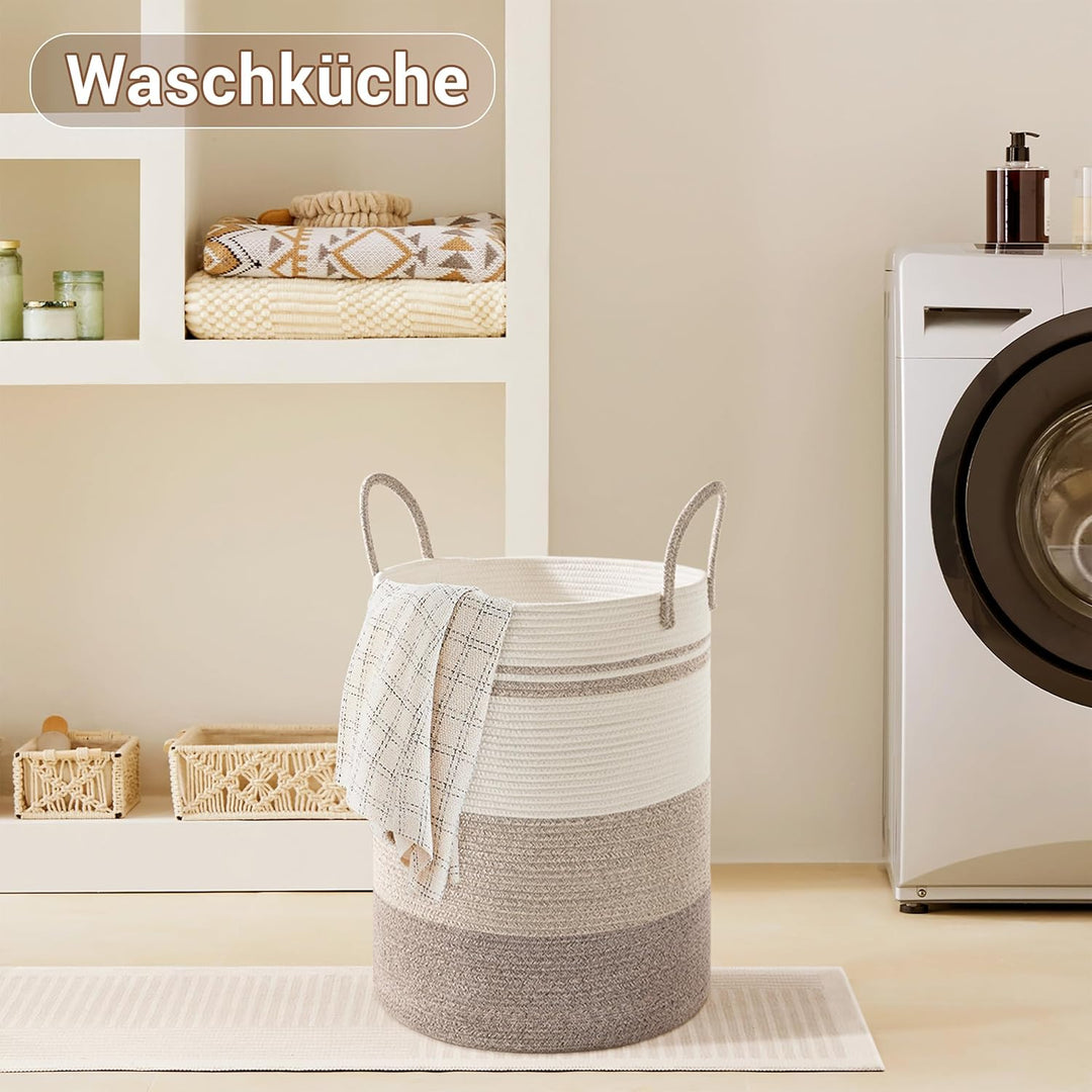 Wäschekorb,Aufbewahrungskorb,Geflochten Korb,53L Klein Rund Wäschesammler mit Baumwoll Henkel für Ki