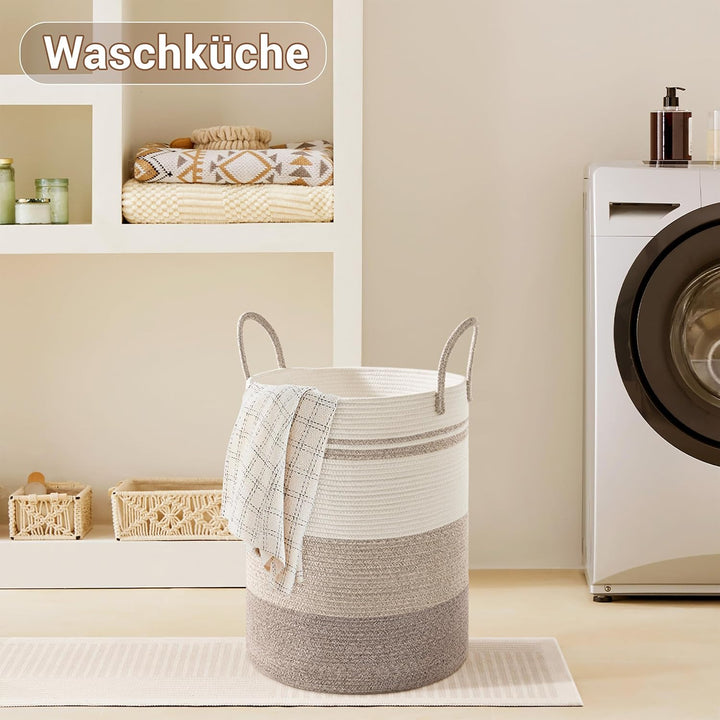 Wäschekorb,Aufbewahrungskorb,Geflochten Korb,53L Klein Rund Wäschesammler mit Baumwoll Henkel für Ki
