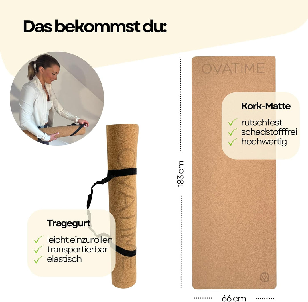 OVATIME Kork Gymnastikmatte – rutschfest &amp; wasserabweisend – Yogamatte aus Naturkork &amp; Naturkautschu