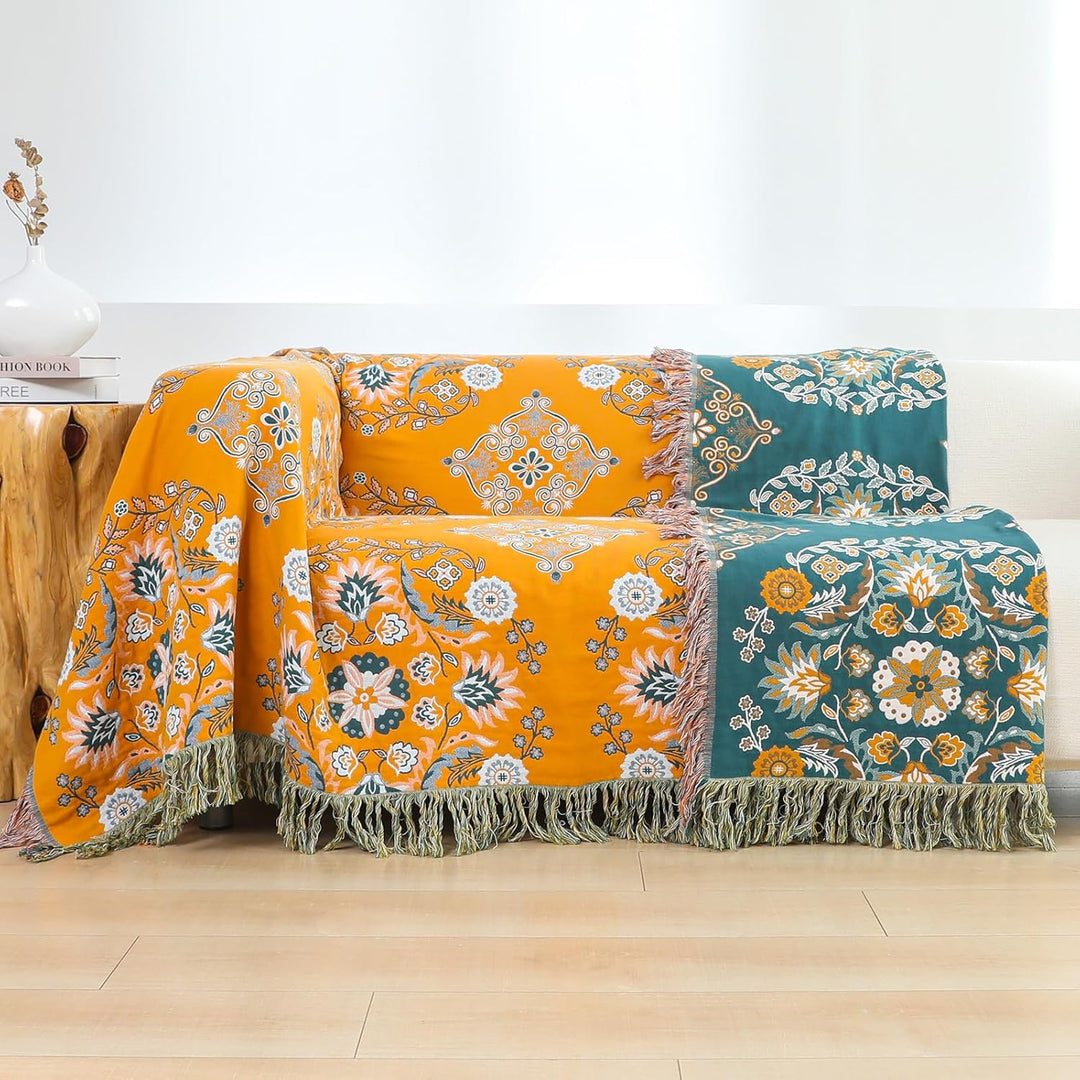 HOORDRY 100% Baumwolle Decke 230 x 250CM Boho Tagesdecke Doppelseitig Kuscheldecke Sofaüberwurf Wend
