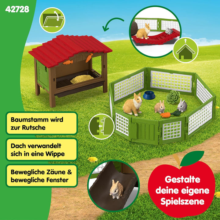 schleich Farm World | Kaninchenstall 42728 | Set aus 3 Kaninchen, mit Stall, Futter und vielem Zubeh
