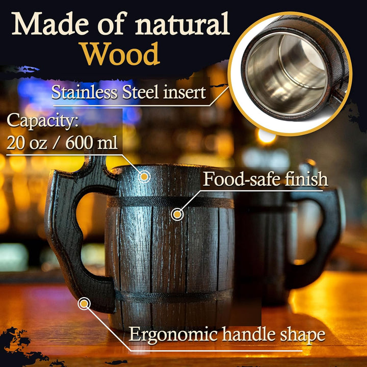 MyFancyCraftLUKRA Bierbecher aus Eichenholz, handgefertigt, Edelstahl-Tasse, 0,6 Liter, 20 Unzen, Ba