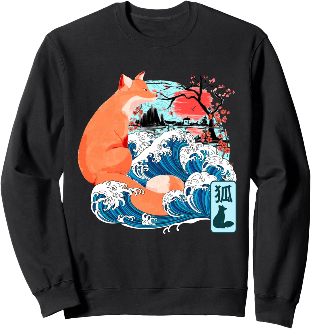 Japanischer Fuchs Kitsune Great Wave Kanagawa Japan Vintage Art Sweatshirt