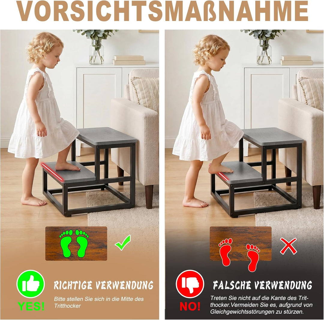 ROTTOGOON Tritthocker 2 Stufen für Erwachsene Kinder, Anti-Rutsch Tritthocker Holz Metallrahmen mit