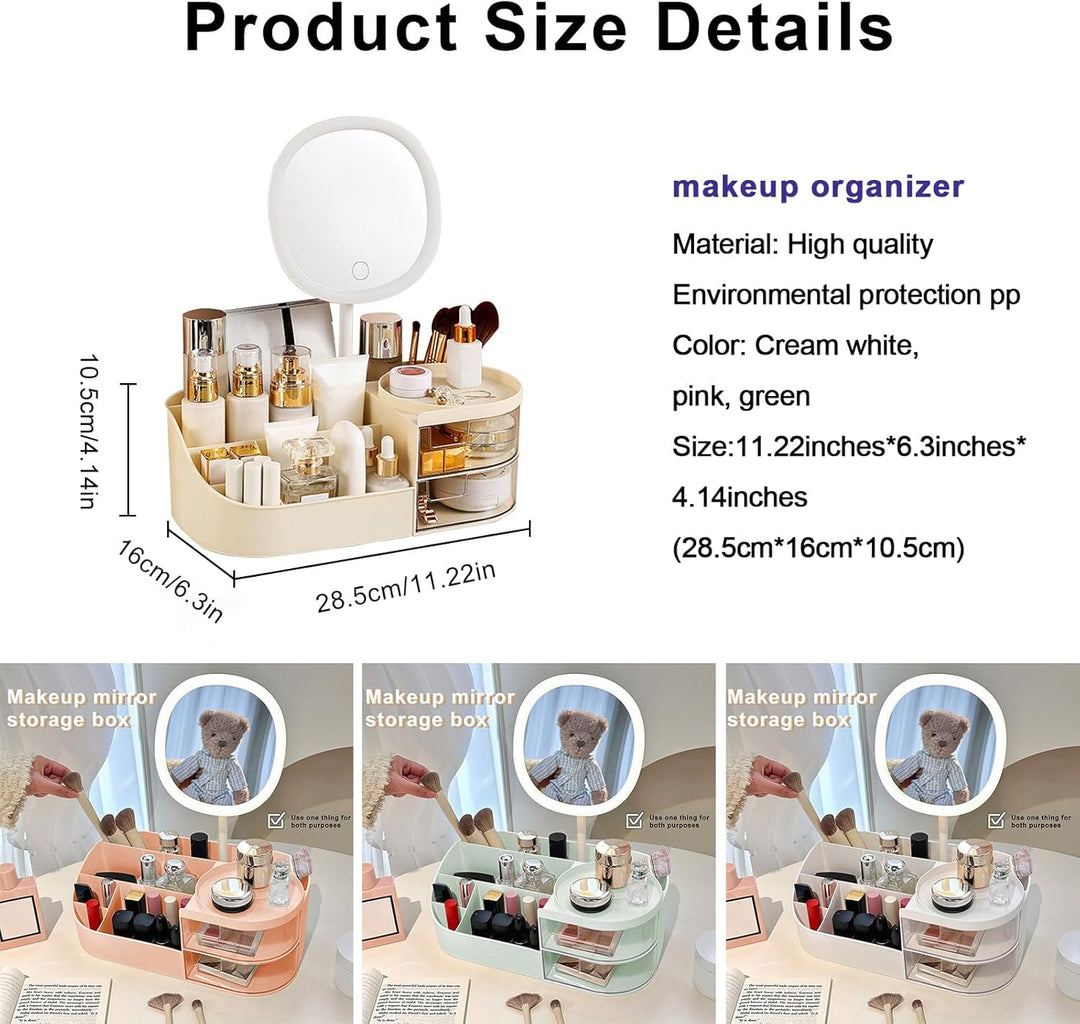 DASITON Make up Organizer mit Spiegel,Make up Pinselhalter mit 2 Schubladen,Multifunktionale Makeup
