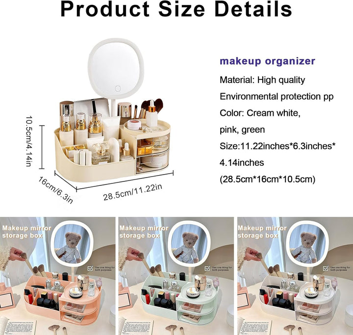 DASITON Make up Organizer mit Spiegel,Make up Pinselhalter mit 2 Schubladen,Multifunktionale Makeup